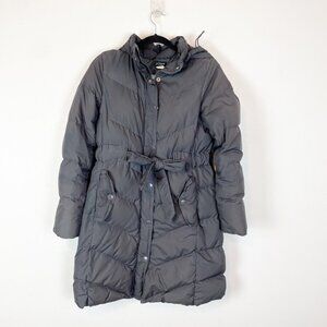 J. Crew Womens Gray Down Puffer Coat With Hood & Waist Tie M Long Line Winter‎